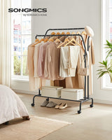SONGMICS Heavy-Duty Dual Rail Clothing Rack with Wheels and Shelf - Black HSR107B01V1 - Front View