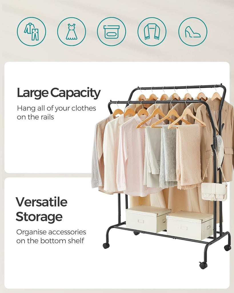 SONGMICS Heavy-Duty Dual Rail Clothing Rack with Wheels and Shelf - Black HSR107B01V1