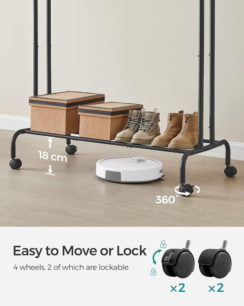 SONGMICS Heavy-Duty Dual Rail Clothing Rack with Wheels and Shelf - Black HSR107B01V1