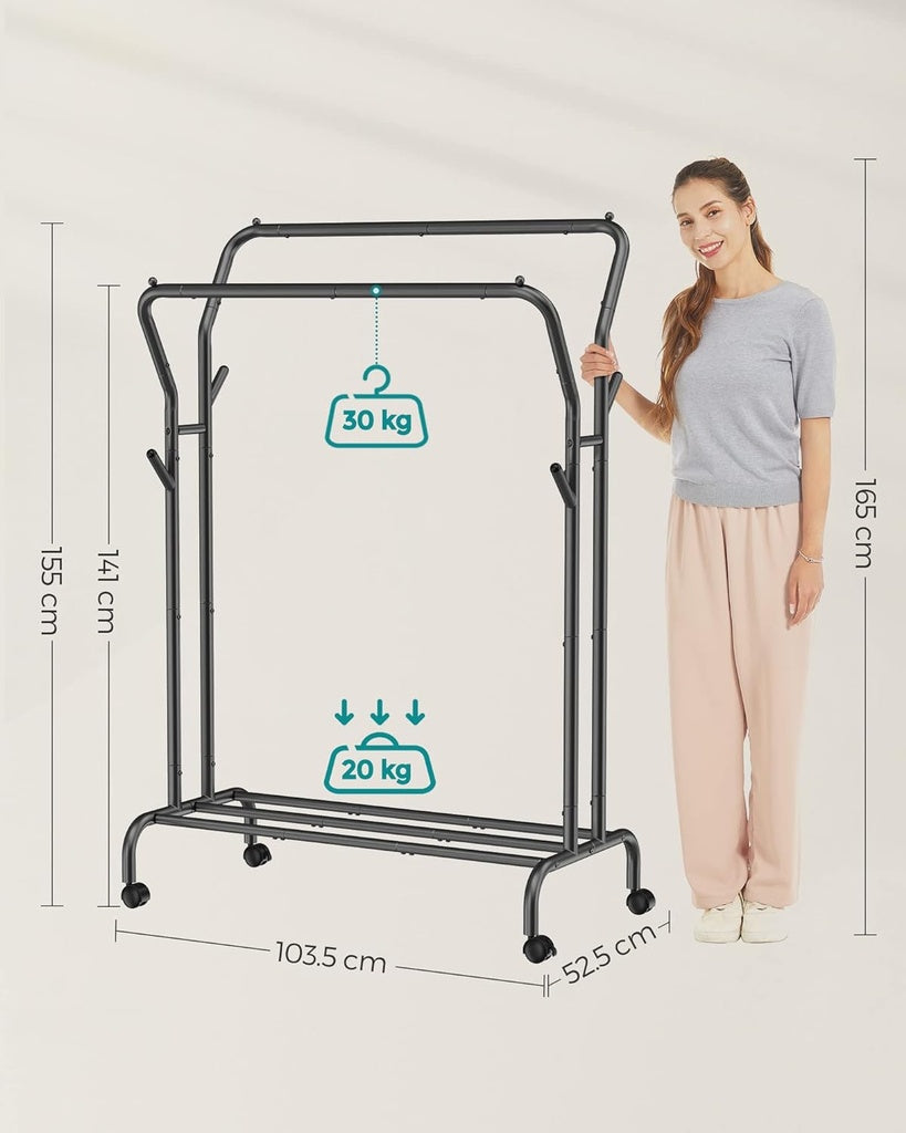 SONGMICS Heavy-Duty Dual Rail Clothing Rack with Wheels and Shelf - Black HSR107B01V1