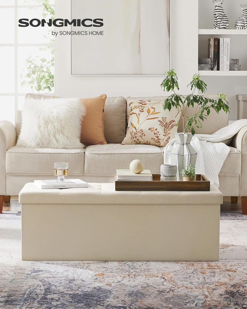 Beige SONGMICS 109cm Multi-Functional Folding Storage Bench Ottoman