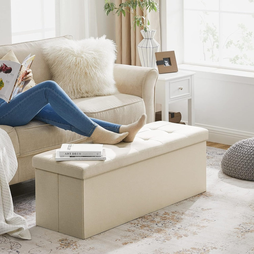 Beige SONGMICS 109cm Multi-Functional Folding Storage Bench Ottoman