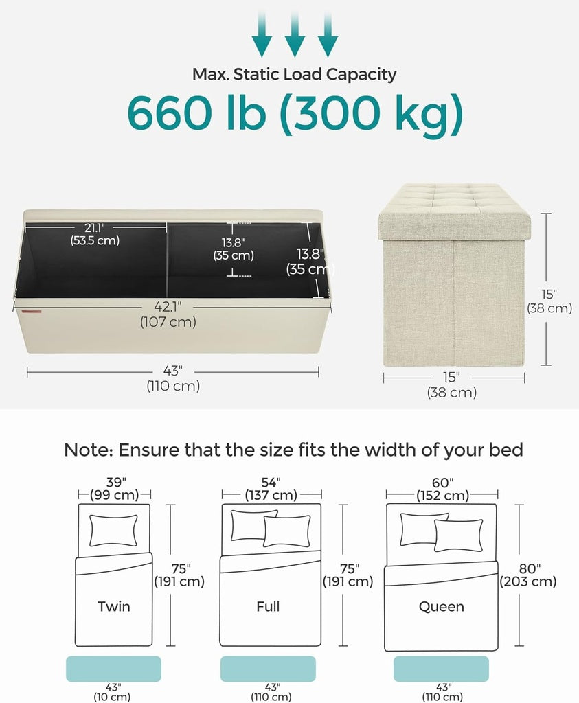 Beige SONGMICS 109cm Multi-Functional Folding Storage Bench Ottoman