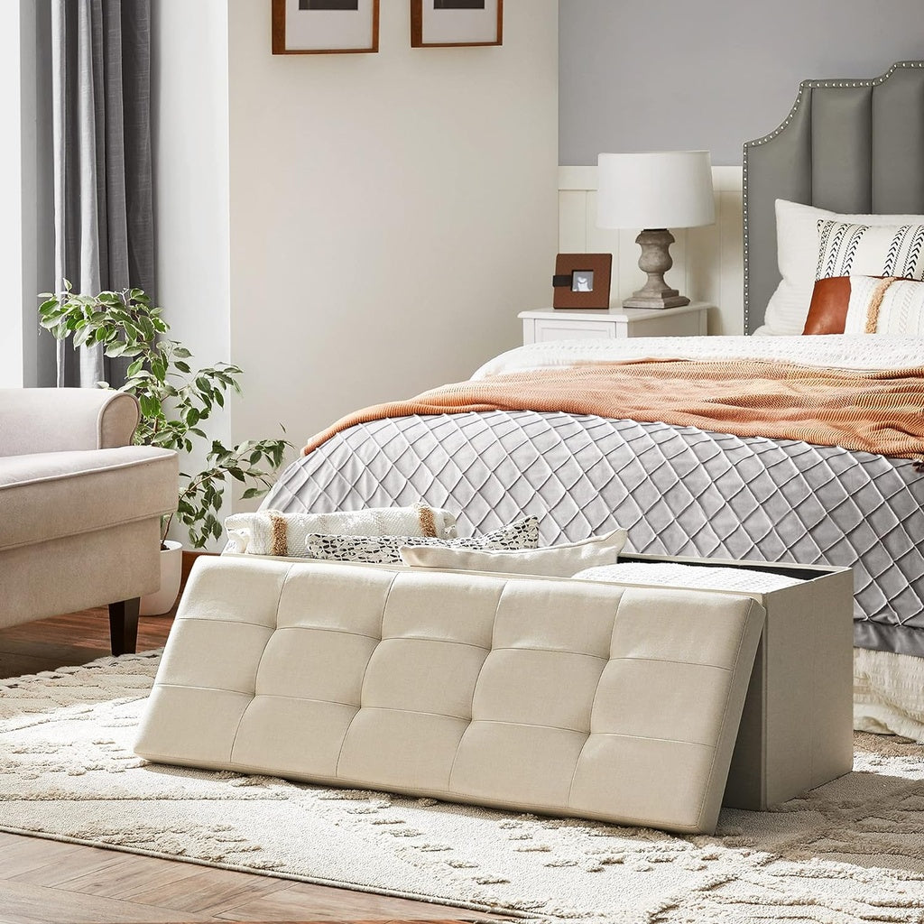 Beige SONGMICS 109cm Multi-Functional Folding Storage Bench Ottoman