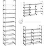 SONGMICS 10-Tier Metal Shoe Rack Customizable Design Grey - 45-Degree Angle