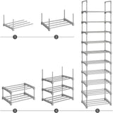 SONGMICS 10-Tier Metal Shoe Rack Customizable Design Grey - Rear View