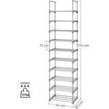 SONGMICS 10-Tier Metal Shoe Rack Customizable Design Grey - Close-Up Angle