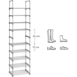 SONGMICS 10-Tier Metal Shoe Rack Customizable Design Grey - Low Angle