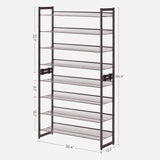 8-Tier Adjustable Bronze Shoe Rack for 32 Pairs with Detachable Shelves - Low Angle