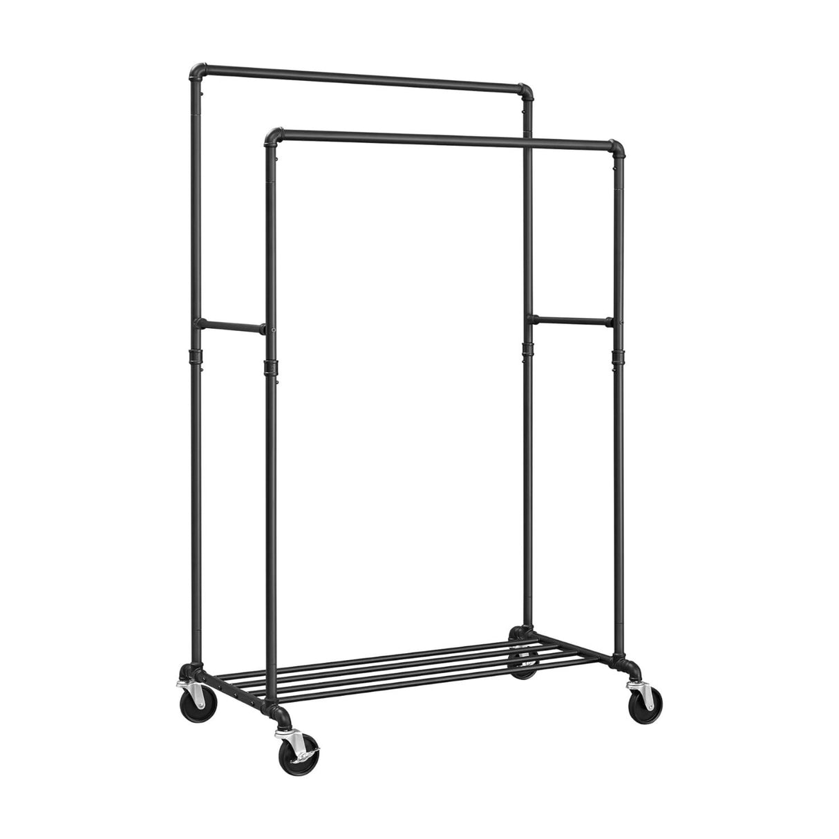 Mobile Industrial Pipe Clothing Rack with Organizer - Heavy-Duty Black
