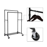 Mobile Industrial Pipe Clothing Rack with Organizer - Heavy-Duty Black - Front View