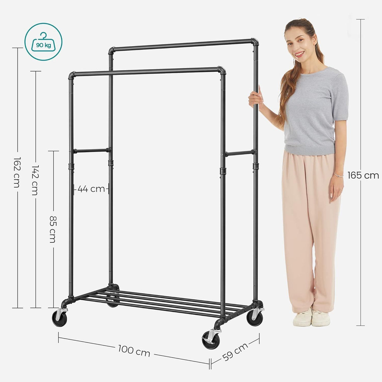 Mobile Industrial Pipe Clothing Rack with Organizer - Heavy-Duty Black