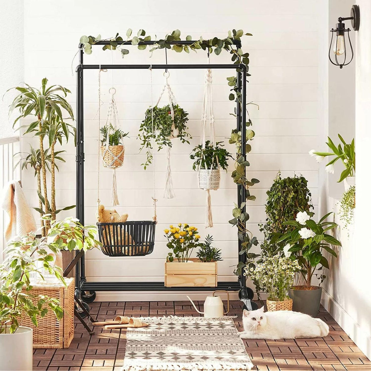 Mobile Industrial Pipe Clothing Rack with Organizer - Heavy-Duty Black