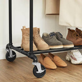 Mobile Industrial Pipe Clothing Rack with Organizer - Heavy-Duty Black - 45-Degree Angle