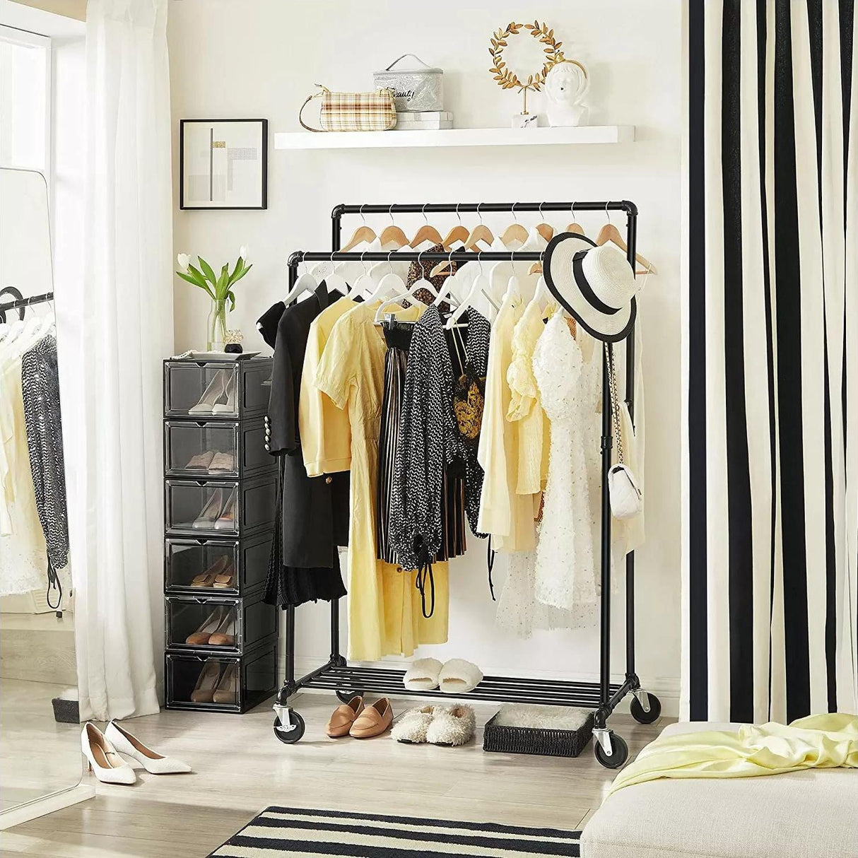 Mobile Industrial Pipe Clothing Rack with Organizer - Heavy-Duty Black