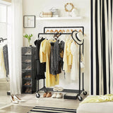 Mobile Industrial Pipe Clothing Rack with Organizer - Heavy-Duty Black - Rear View
