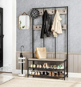 VASAGLE Large Coat Rack Stand with 12 Hooks and Shoe Bench Greige and Black - Front View