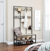 VASAGLE Large Coat Rack Stand with 12 Hooks and Shoe Bench Greige and Black - Side View