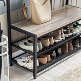VASAGLE Large Coat Rack Stand with 12 Hooks and Shoe Bench Greige and Black - Rear View