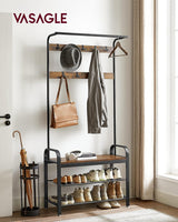 VASAGLE 4-in-1 Coat Rack with Shoe Bench and 9 Removable Hooks Rustic Brown and Black - Front View