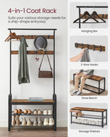 VASAGLE 4-in-1 Coat Rack with Shoe Bench and 9 Removable Hooks Rustic Brown and Black - Side View