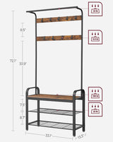VASAGLE 4-in-1 Coat Rack with Shoe Bench and 9 Removable Hooks Rustic Brown and Black - 45-Degree Angle