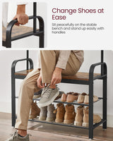 VASAGLE 4-in-1 Coat Rack with Shoe Bench and 9 Removable Hooks Rustic Brown and Black - Low Angle