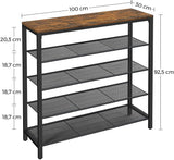 VASAGLE Shoe Rack Shoe Storage Organiser with 4 Mesh Shelves Rustic Brown and Black - 45-Degree Angle