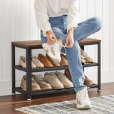 VASAGLE Shoe Bench with Seat Shoe Rack with 2 Mesh Shelves Rustic Brown and Black - Close-Up Angle