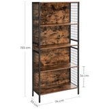 VASAGLE 4 Tiers Bookcase Office Storage Shelf Rustic Brown and Black - 45-Degree Angle