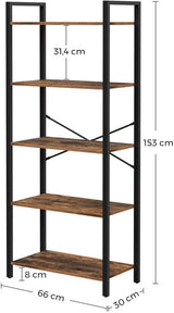 VASAGLE 5-Tier Storage Rack Bookshelf with Steel Frame Rustic Brown and Black - Front View