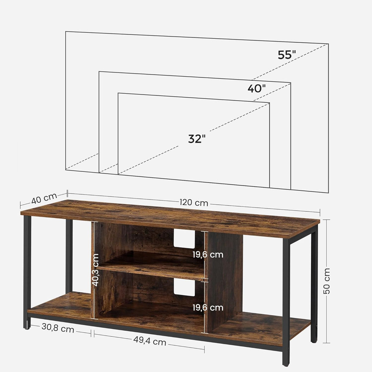 VASAGLE Lowboard TV Cabinet for TVs up to 60 Inches with Open Compartments Vintage Brown/Black