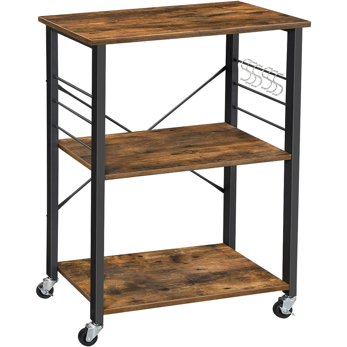 Vasagle Kitchen Serving Shelf Trolley on Wheels 3 Shelves with 6 Hook Rustic Brown