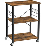 Vasagle Kitchen Serving Shelf Trolley on Wheels 3 Shelves with 6 Hook Rustic Brown
