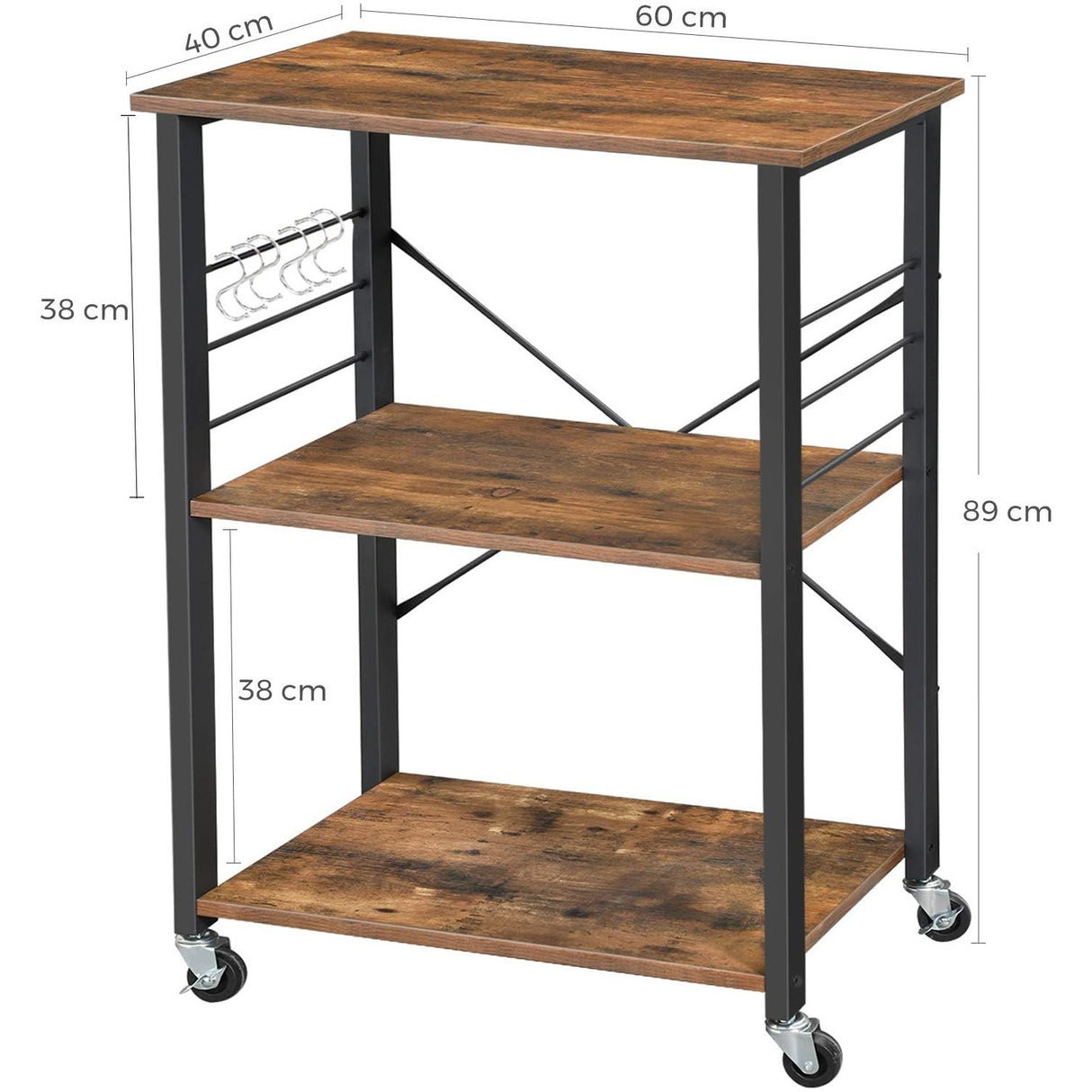 Vasagle Kitchen Serving Shelf Trolley on Wheels 3 Shelves with 6 Hook Rustic Brown