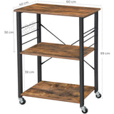 Vasagle Kitchen Serving Shelf Trolley on Wheels 3 Shelves with 6 Hook Rustic Brown - Front View