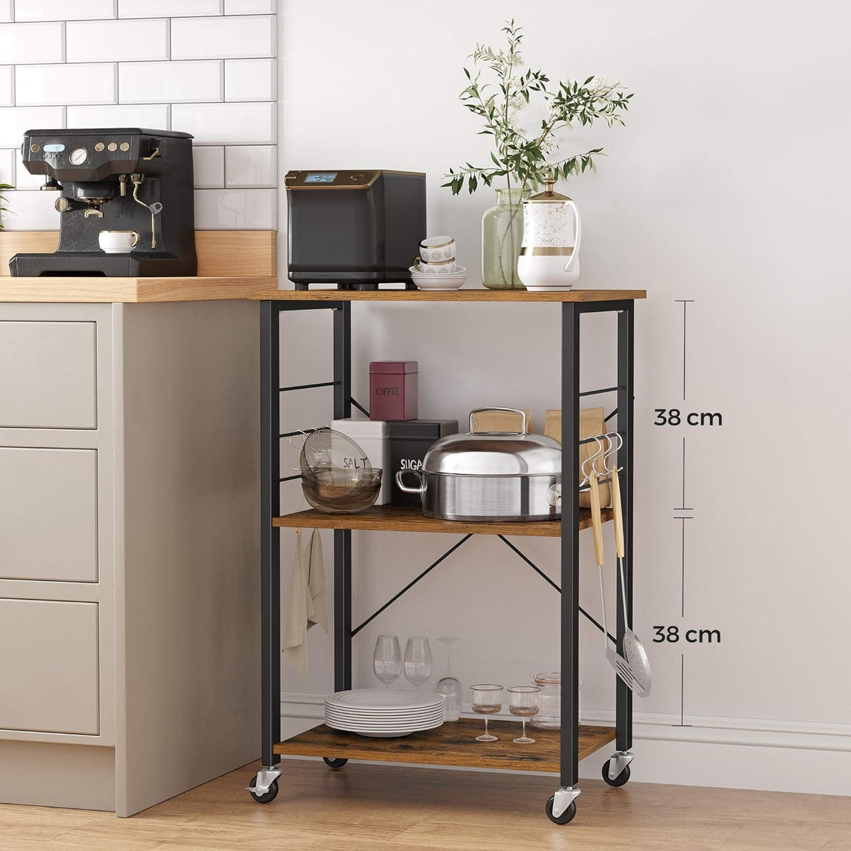 Vasagle Kitchen Serving Shelf Trolley on Wheels 3 Shelves with 6 Hook Rustic Brown