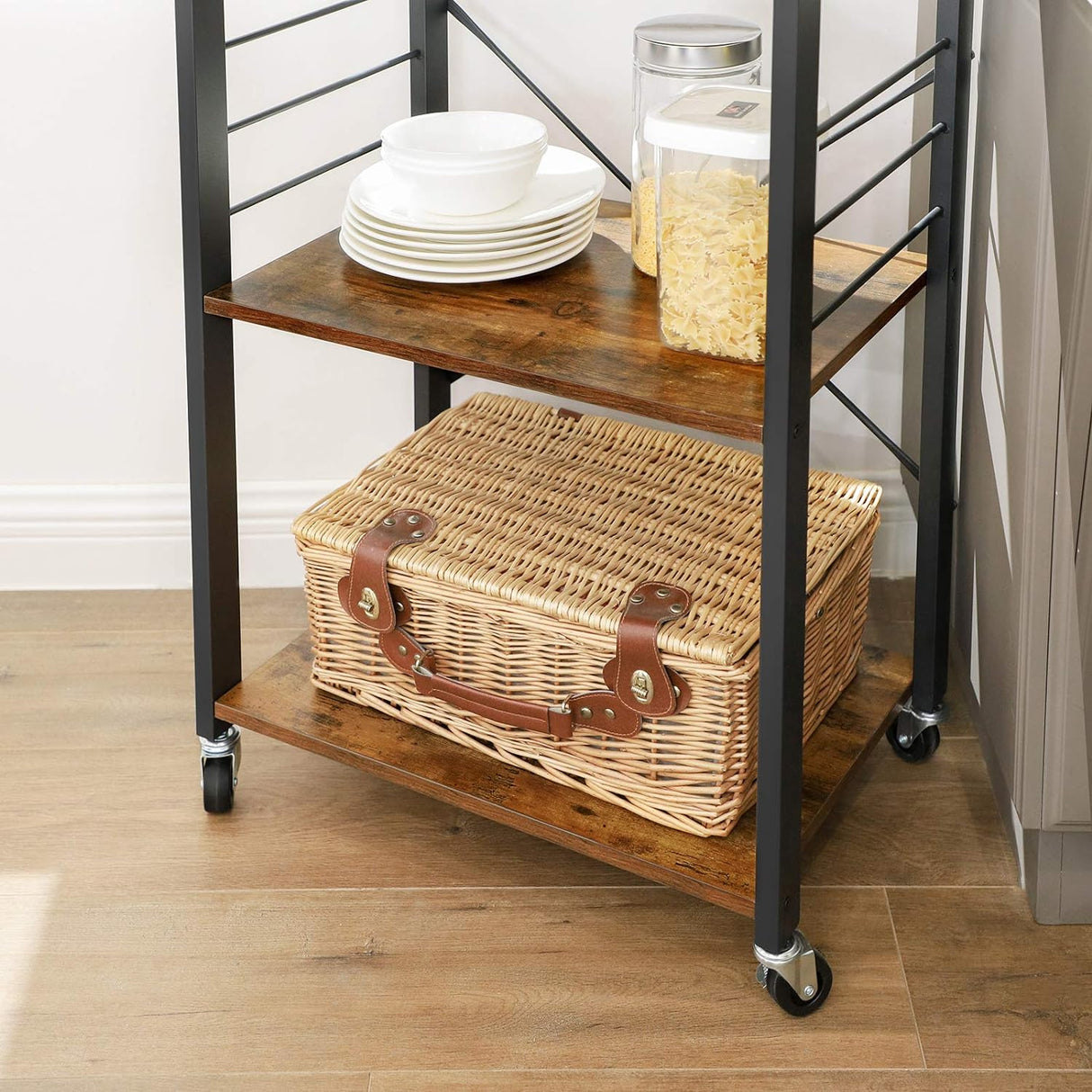 Vasagle Kitchen Serving Shelf Trolley on Wheels 3 Shelves with 6 Hook Rustic Brown