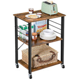 Vasagle Kitchen Serving Shelf Trolley on Wheels 3 Shelves with 6 Hook Rustic Brown - Low Angle