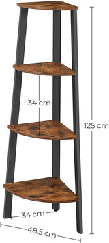 VASAGLE Corner Shelf 4-Tier Industrial Storage Rack Rustic Brown and Black - Close-Up Angle