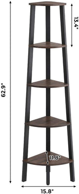 VASAGLE Corner Shelf 5 Tier Industrial Ladder Bookcase Storage Rack with Metal Frame Rustic Brown - Close-Up Angle
