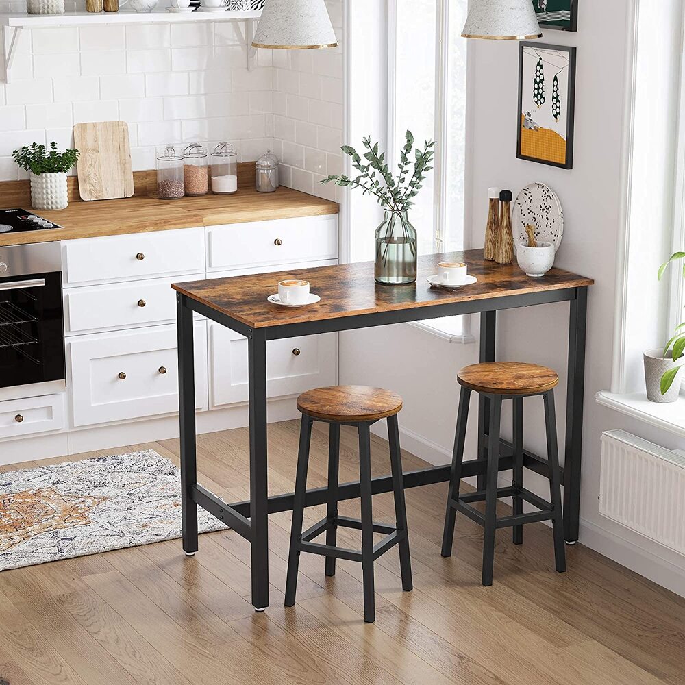 Set of 2 Rustic Industrial Bar Stools with Steel Frame - VASAGLE Kitchen Chairs