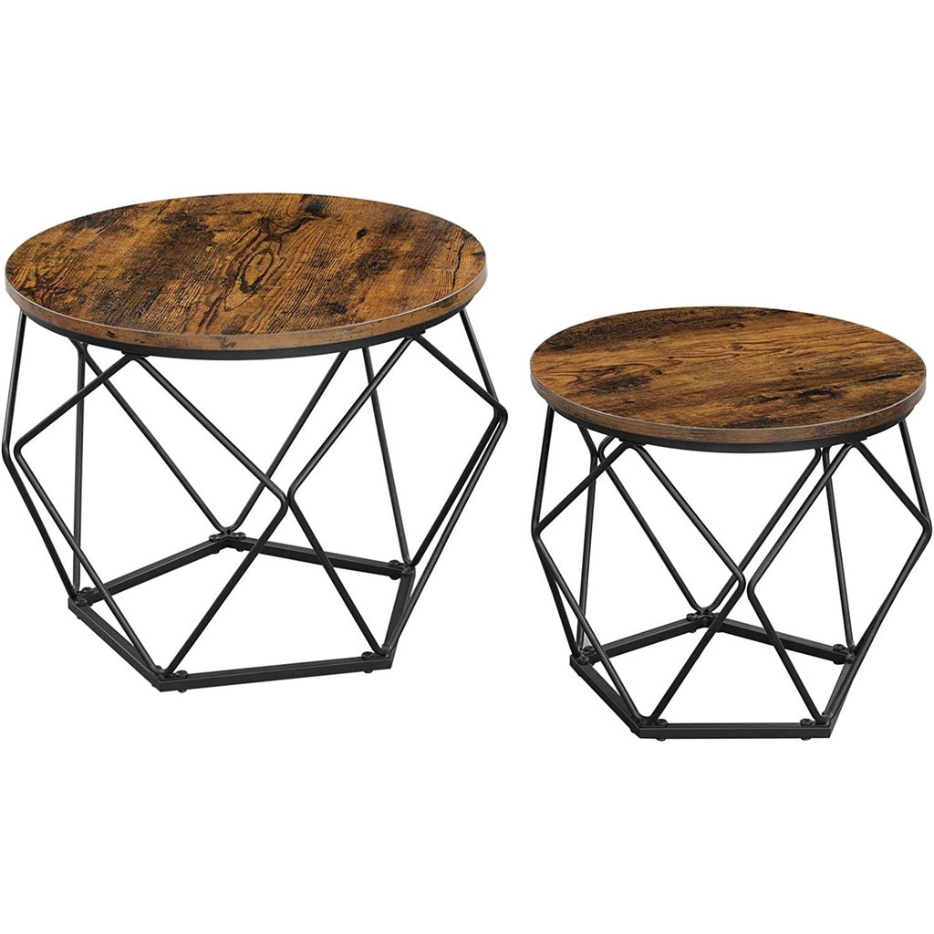 Set of 2 Industrial Style Round Coffee Tables with Sturdy Steel Frames in Rustic Brown and Black