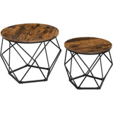 Set of 2 Industrial Style Round Coffee Tables with Sturdy Steel Frames in Rustic Brown and Black