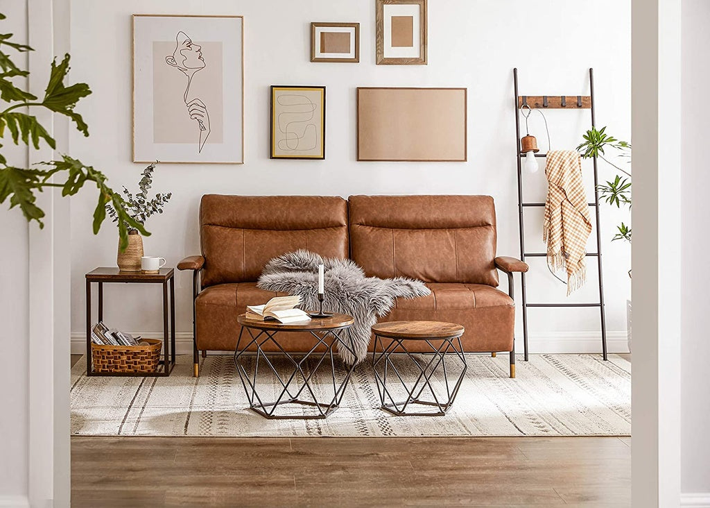 Set of 2 Industrial Style Round Coffee Tables with Sturdy Steel Frames in Rustic Brown and Black