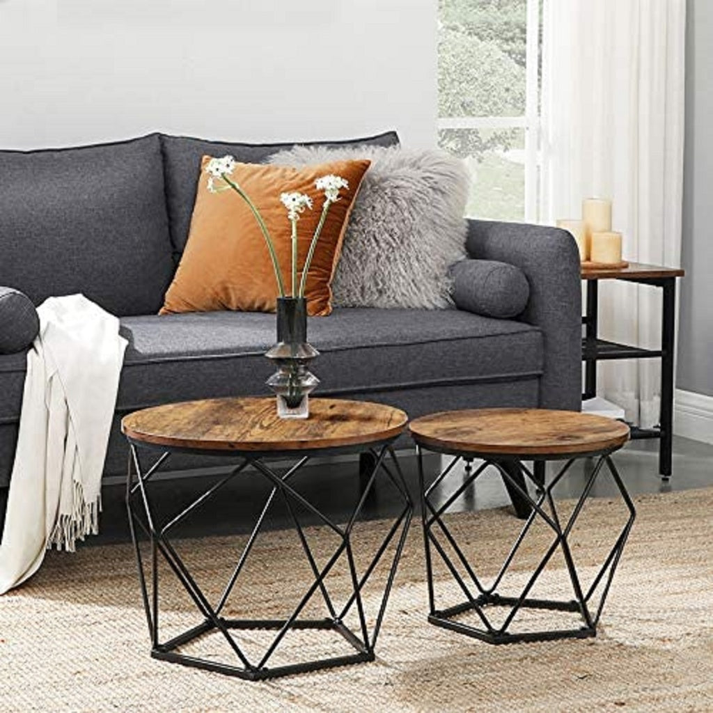 Set of 2 Industrial Style Round Coffee Tables with Sturdy Steel Frames in Rustic Brown and Black