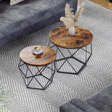 Set of 2 Industrial Style Round Coffee Tables with Sturdy Steel Frames in Rustic Brown and Black - Close-Up Angle