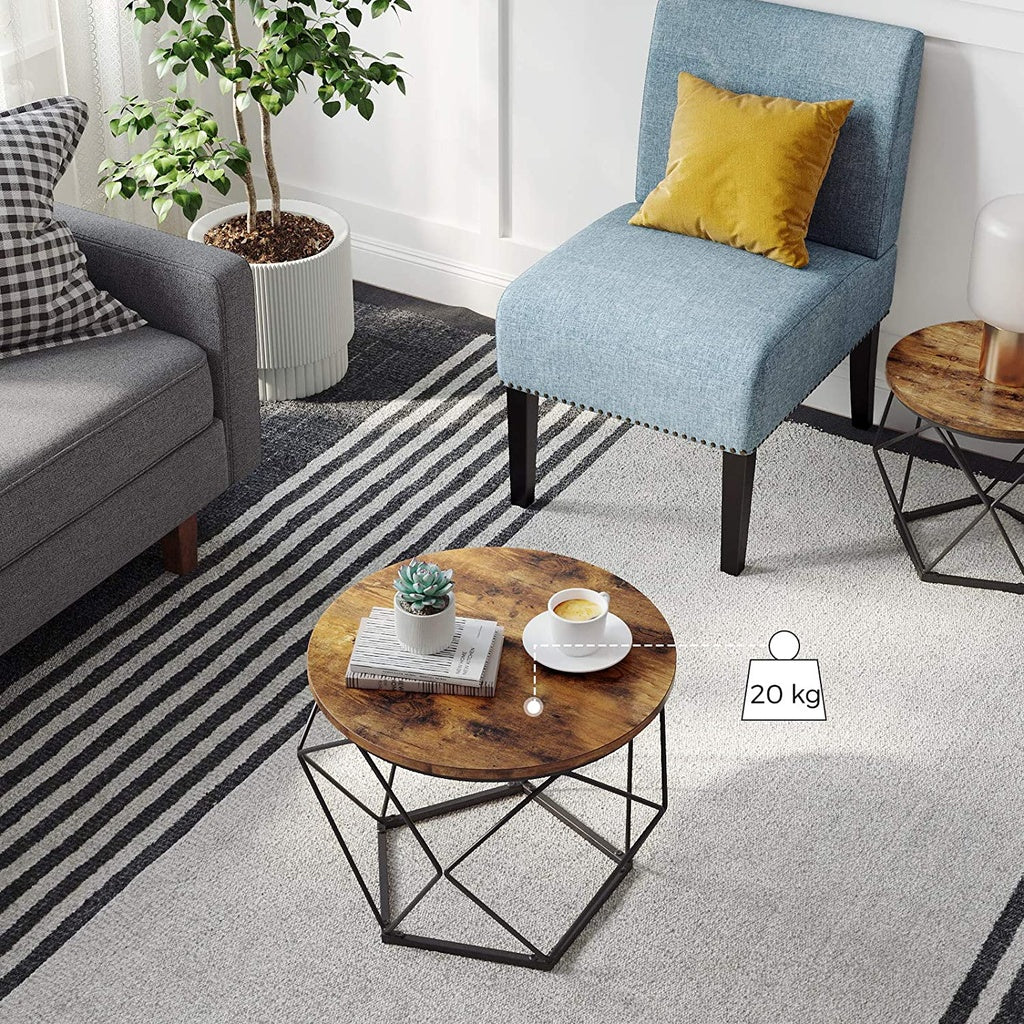 Set of 2 Industrial Style Round Coffee Tables with Sturdy Steel Frames in Rustic Brown and Black