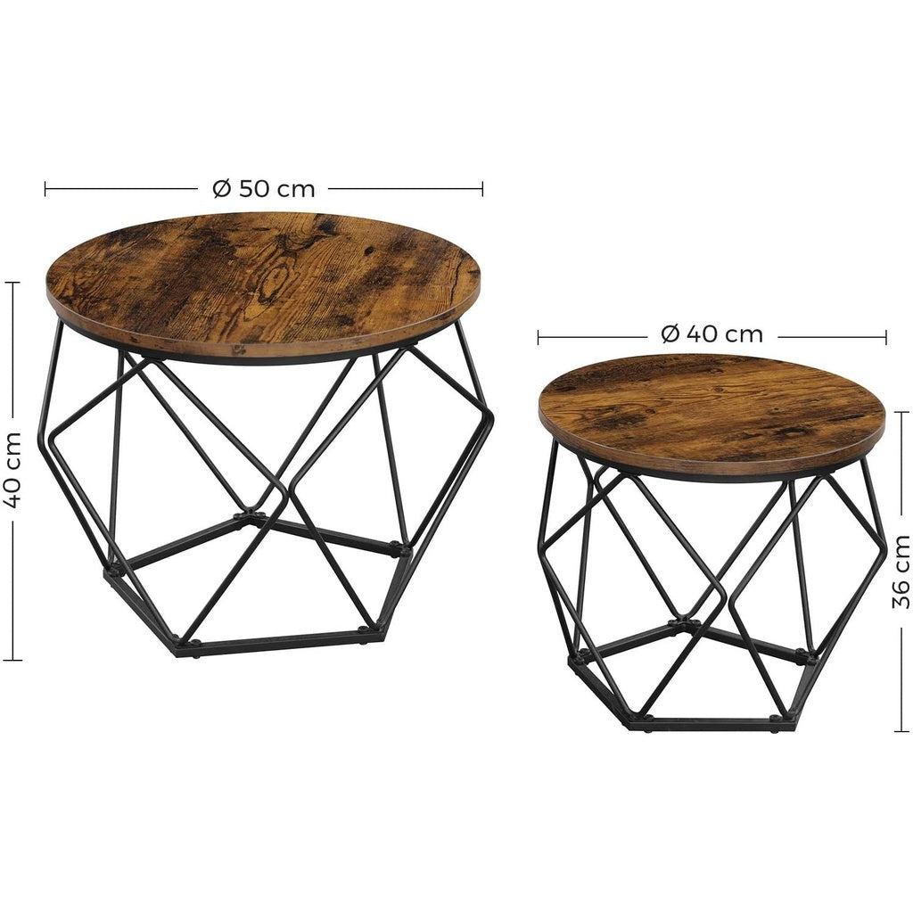 Set of 2 Industrial Style Round Coffee Tables with Sturdy Steel Frames in Rustic Brown and Black