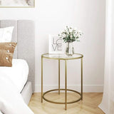 VASAGLE Round Side Table Tempered Glass End Table With Golden Metal Frame Small Coffee Table Gold - Front View